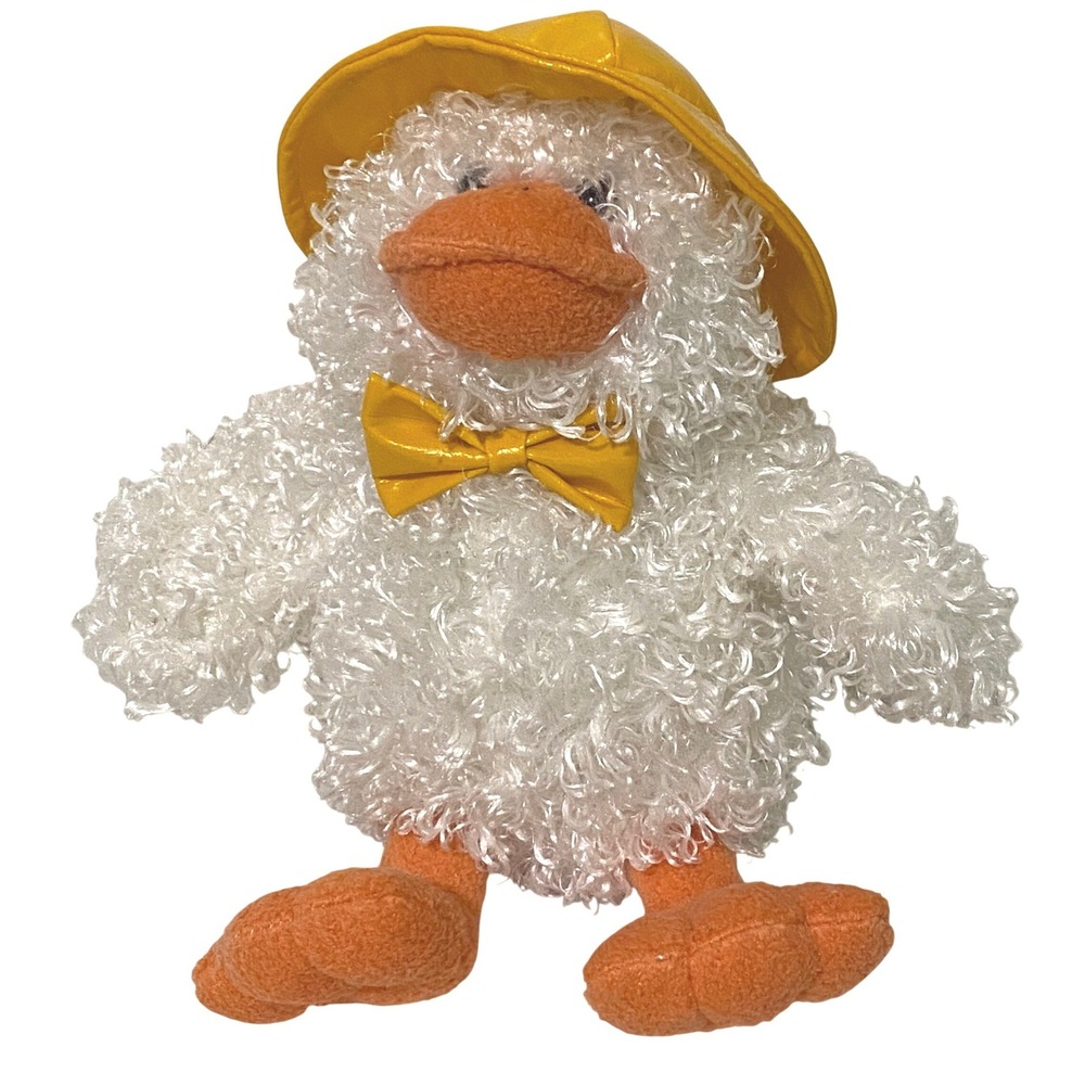 Animal Adventure Plush‎ White Duck 10" Curly Hair Glossy Yellow Rain Hat Bow Tie